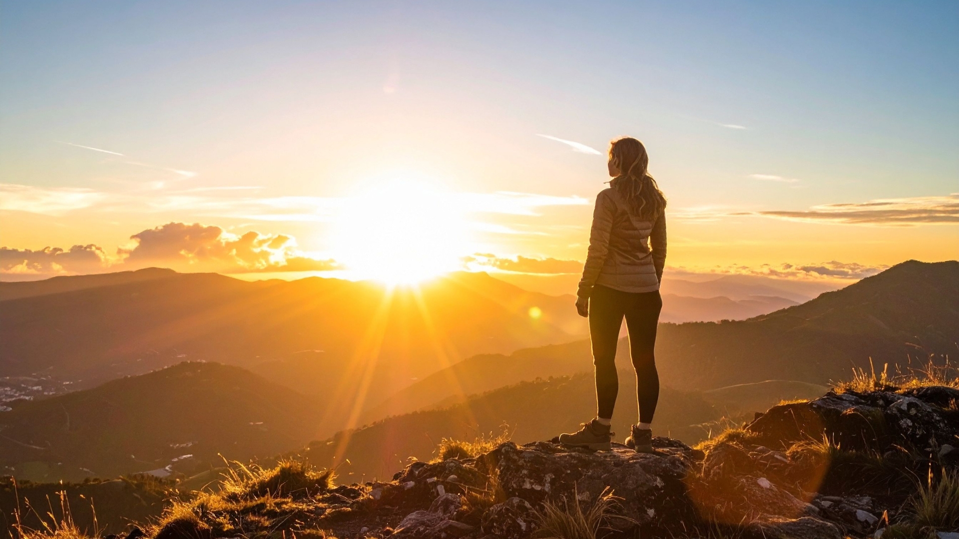 Persona en la cima de una montaña al amanecer, simbolizando nueva abundancia y cambio de creencias sobre el dinero.